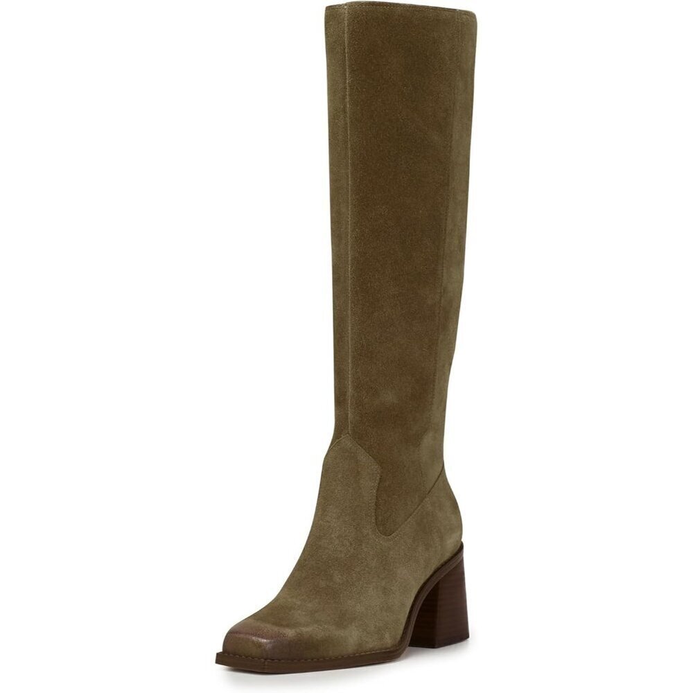 Women Dusty Green Polyurethane Knee High Square Toe Side Zipper Block Heel Boot
